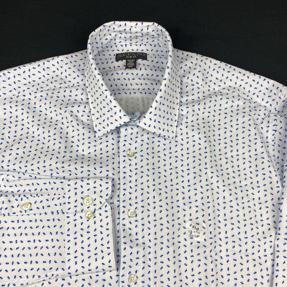 ALFANI Dress Shirt Mens 17.5-34/35 White w/Blue Geometric Print Slim Fit‎ NWT!
